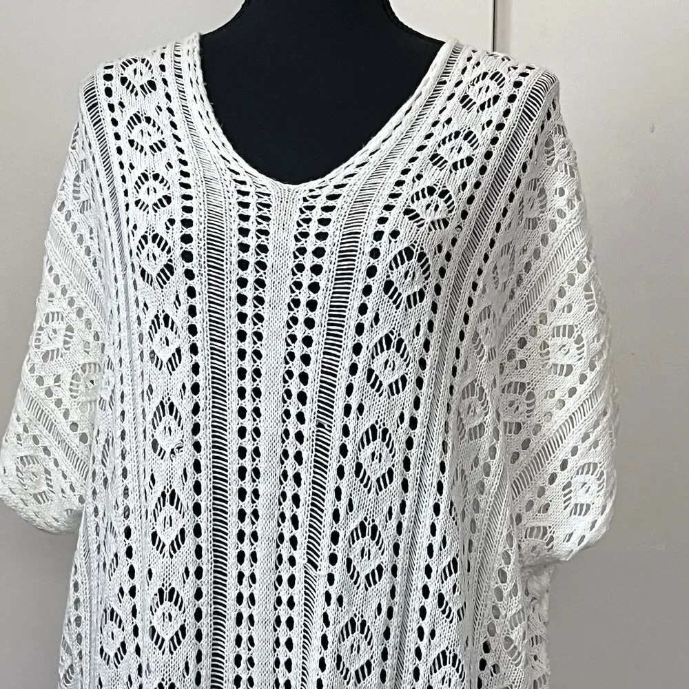 Women Open Knit Crochet Lace up Sides Boho Festival Hippie Swim Cover‎ Up Cream